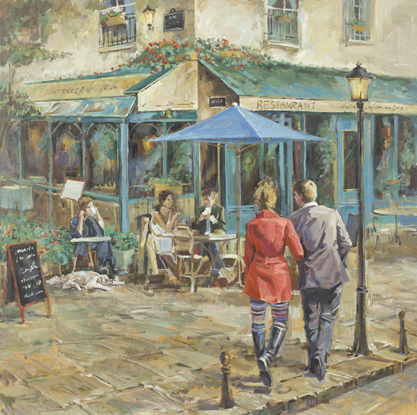 PXYW572 Wall décor art oil on canvas street scene blue brown tones